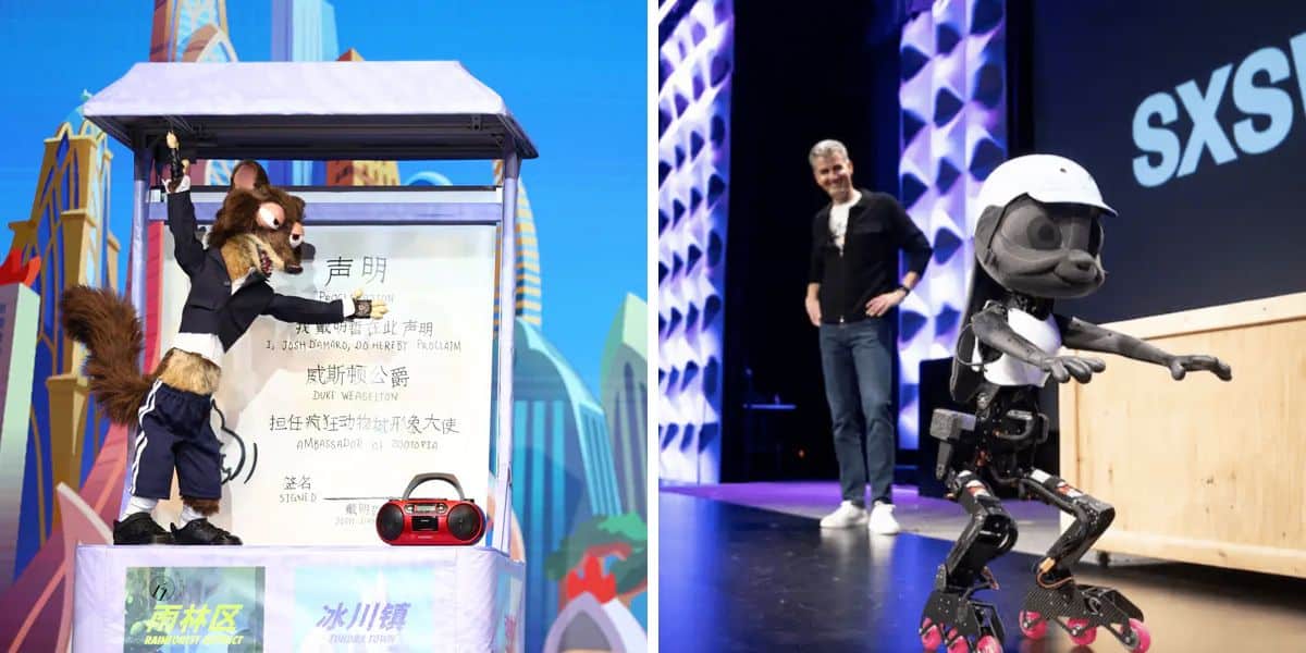 Left: A costumed character, resembling a wolf in a suit, stands next to a colorful background with a sign in Chinese. A red stereo is on the ground. Right: A humanoid robot with a white helmet and roller skates is at a stage event, with a man nearby.