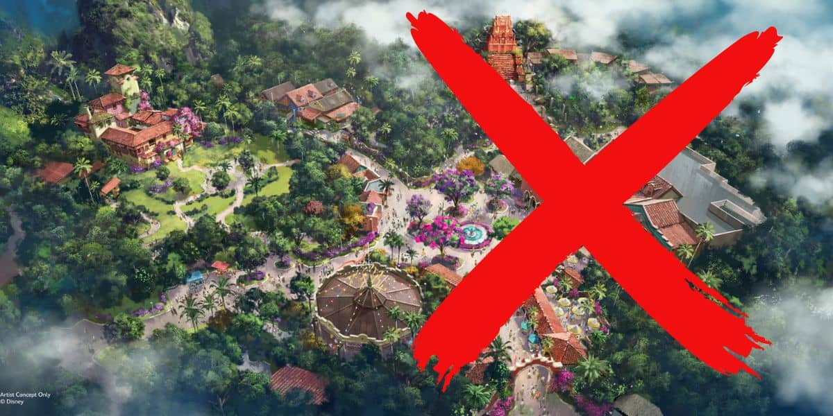 The Tropical Americas retheme of Animal Kingdom with an X through the Indiana Jones area