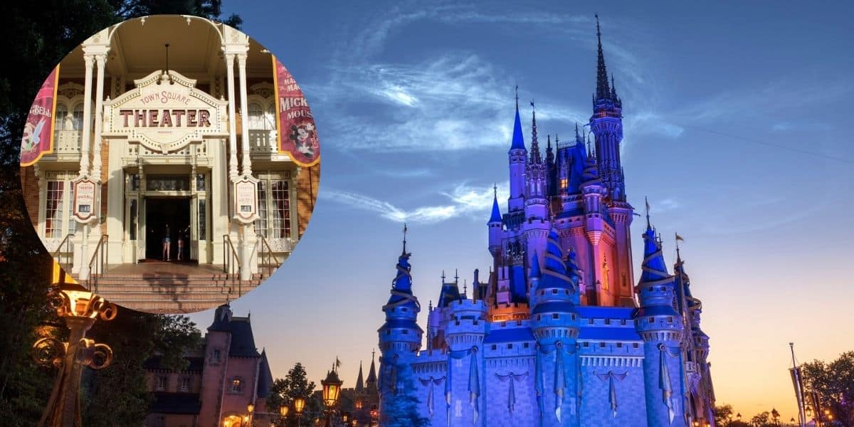 Cinderella Castle with a picture insert of Town Square Theater