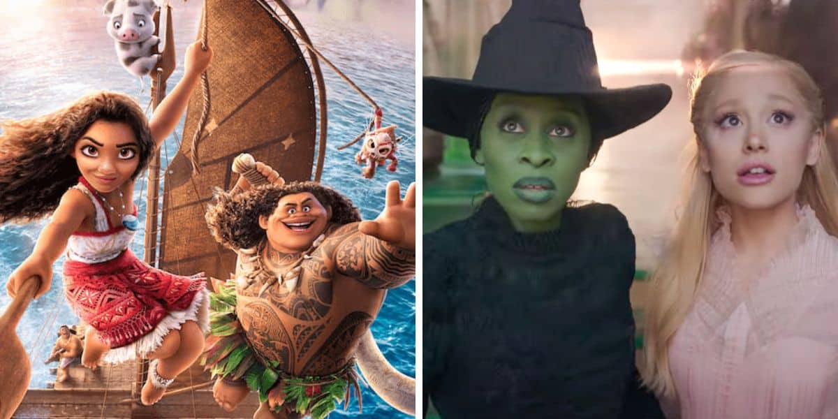 On the left, animated characters from "Moana" are on a boat with a pig and a chicken. On the right, two characters from "Wicked" look ahead, one in a witch costume with green skin and the other in a pink dress with blonde hair.