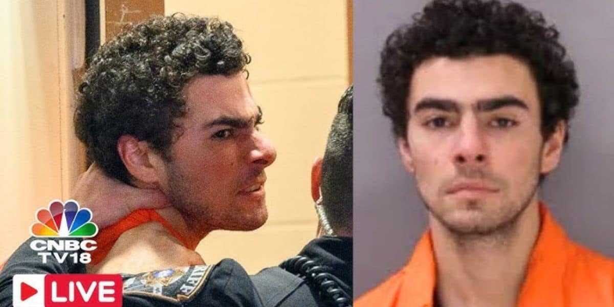 A man with curly hair wearing an orange jumpsuit is shown in two images. On the left, he's being held by an officer, looking tense. On the right, it's a mugshot with a neutral expression. The CNBC TV18 logo is present in the corner.