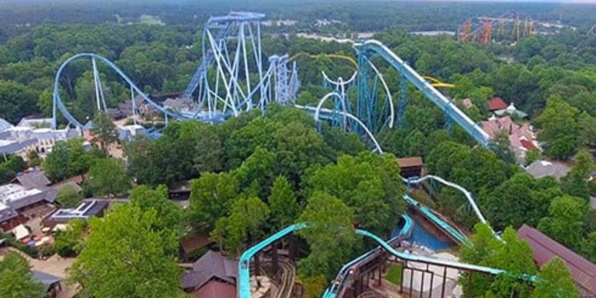 Aerial view of some of the rides at Busch Gardens Williamsburg.