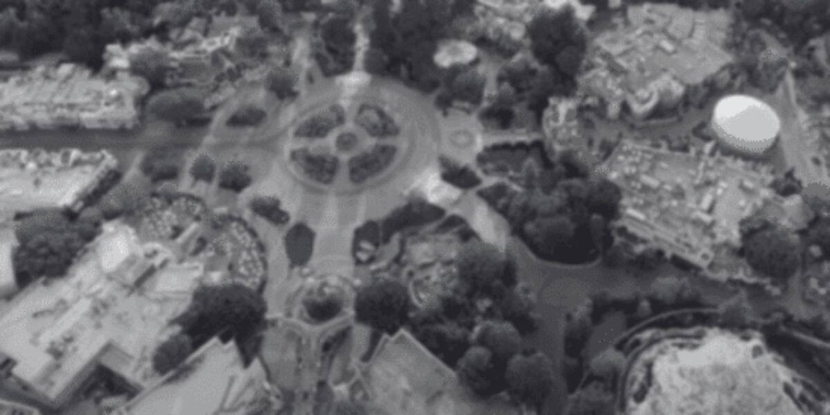 Aerial view of Disneyland Park in black and white.