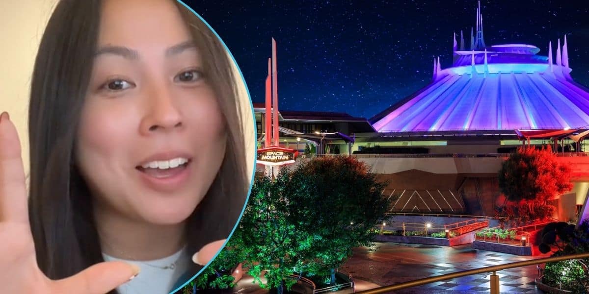 Left: A woman smiling and speaking into her phone camera with her hands up. Right: An overhead look of Space Mountain and the rest of Tomorrowland at Disneyland Park.
