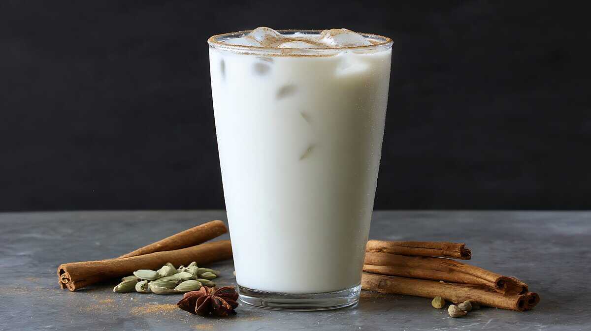 A tall glass of iced, milky beverage sits on a gray surface, surrounded by cinnamon sticks, cardamom pods, and star anise. Inspired by La Cava del Tequila recipes, the spiced drink is topped with a dusting of cinnamon.