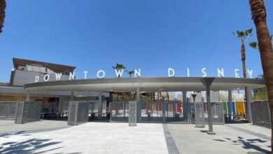 Entrance gate to Downtown Disney, featuring large, white letters spelling "DOWNTOWN DISNEY" on a curved structure. Palm trees and a bright blue sky are visible in the background.