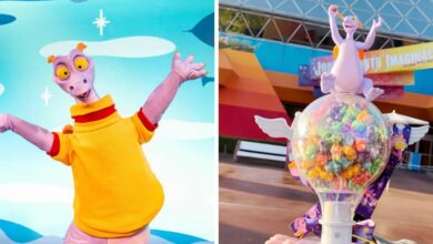 Split Image: the Figment meet and greet (left) and the Figment Popcorn bucket 2025 Festival of the Arts