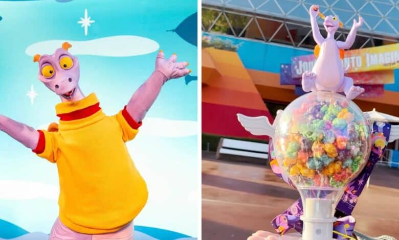 Split Image: the Figment meet and greet (left) and the Figment Popcorn bucket 2025 Festival of the Arts