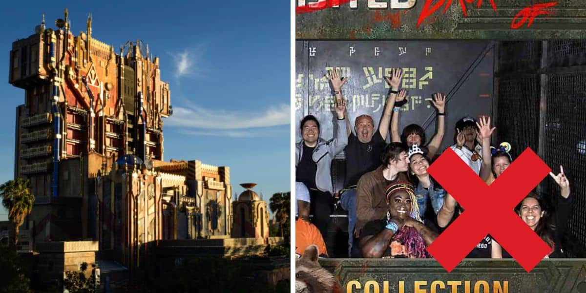 Split Image: Guardians of the Galaxy Mission Breakout and an X over a racist man