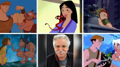 A collage by Mike Toth features animated Disney characters alongside an older man with white hair and a mustache. The ensemble includes Hercules with Phil, Mulan with Mushu, Quasimodo with Gargoyles, Tarzan with Jane, and Milo with Kida.