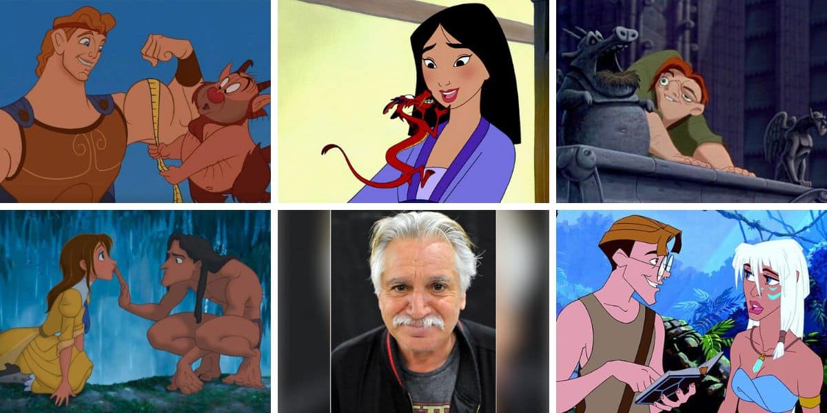 A collage by Mike Toth features animated Disney characters alongside an older man with white hair and a mustache. The ensemble includes Hercules with Phil, Mulan with Mushu, Quasimodo with Gargoyles, Tarzan with Jane, and Milo with Kida.