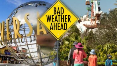 A large globe sculpture with "Universal" partially visible on the left. On the right, people wearing colorful hats look at a water ride at Blizzard Beach at Disney World. A yellow sign in the center reads "Bad Weather Ahead.