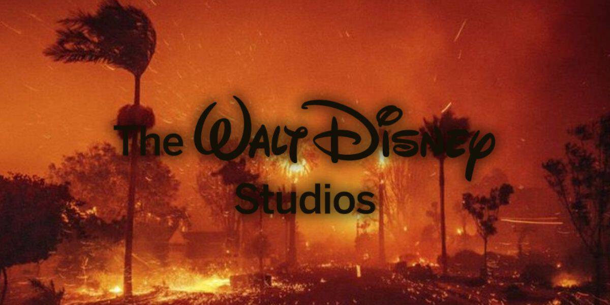 The image shows a wildfire scene with trees silhouetted against flames and an orange sky. The words "The Walt Disney Studios" are superimposed in the center.