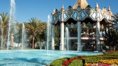 A vibrant amusement park scene featuring a large, ornate carousel with decorative patterns. In the foreground, water fountains spray into a clear, blue pool surrounded by palm trees and lush flowerbeds under a sunny sky.