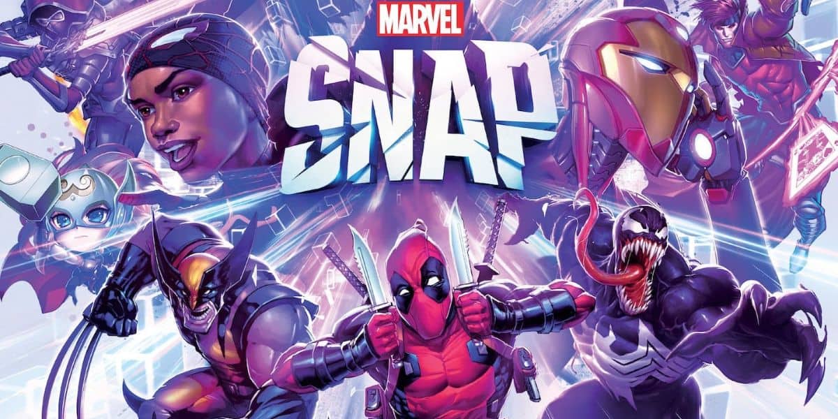 Colorful illustration of Marvel superheroes around the word "SNAP." Characters include Black Panther, Iron Man, Deadpool, Venom, Wolverine, and others, all in dynamic action poses against a vibrant background.
