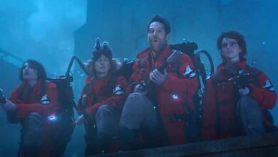 (L to R) Finn Wolfhard, Carrie Coon, Paul Rudd, and McKenna Grace in 'Ghostbusters: Frozen Empire'