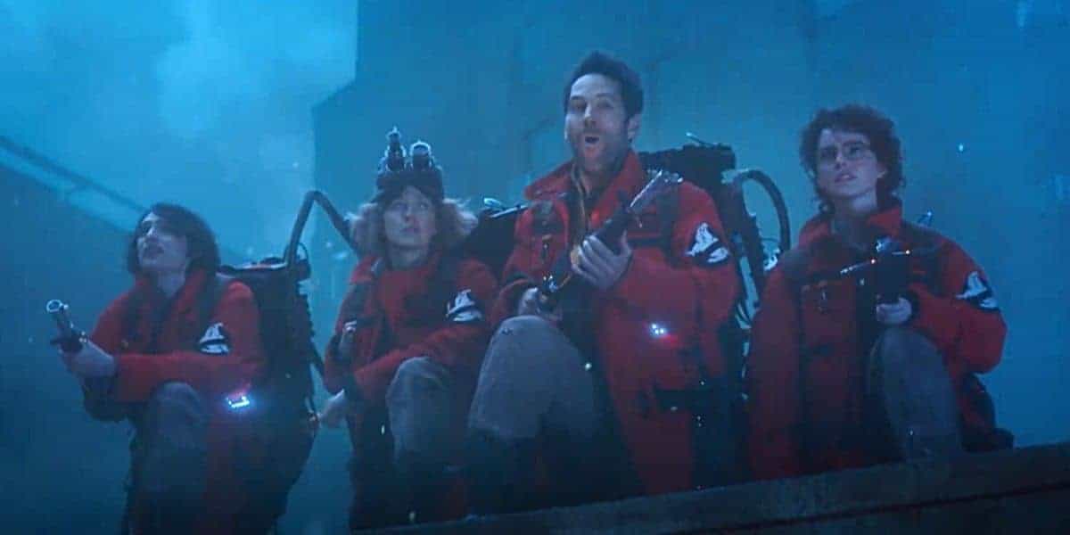 (L to R) Finn Wolfhard, Carrie Coon, Paul Rudd, and McKenna Grace in 'Ghostbusters: Frozen Empire'