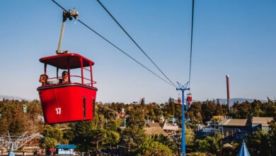 A red aerial cable car marked with the number 17 glides over an amusement park with rides and trees below, against a clear blue sky.