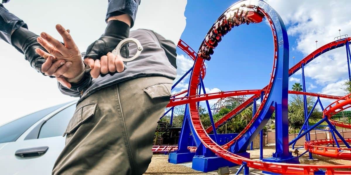 A split image shows a person being handcuffed near a car on the left, and a brightly colored roller coaster with people riding it on the right. The juxtaposition highlights contrasting themes of restriction and freedom at Busch Gardens.