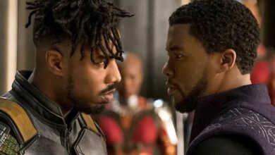 Michael B. Jordan's Killmonger (L) and Chadwick Boseman's T'Challa (R)