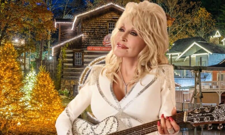 Dolly Parton in front of an image of Dollywood at Christmas