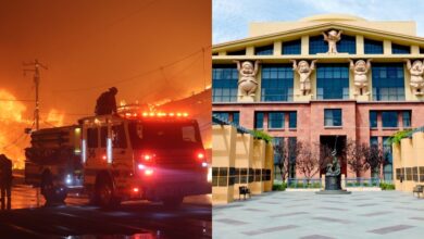 Firefighters silhouetted against wildfires in Los Angeles (left), exterior of Walt Disney Studios offices (right)