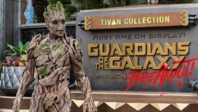 Groot in front of Guardians of the Galaxy – Mission: BREAKOUT! sign at Disney California Adventure Park