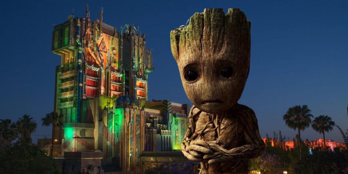 Groot in front of Guardians of the Galaxy – Mission: BREAKOUT! at nighttime