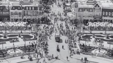 A black and white aerial view of Main Street, U.S.A.