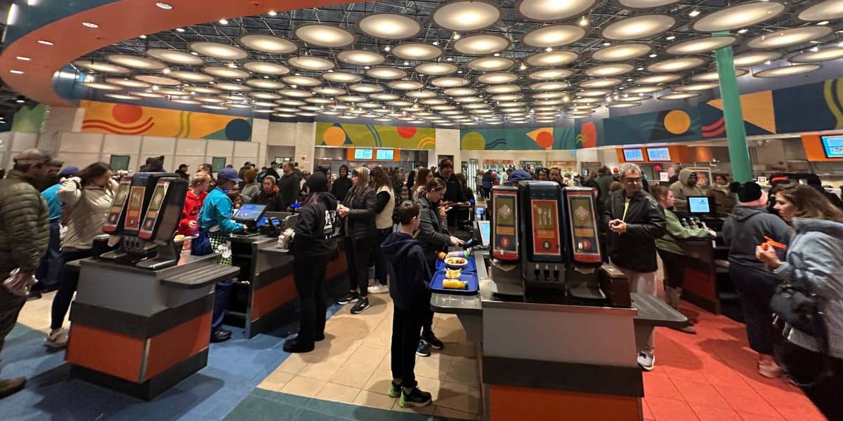 A busy cafeteria at Disney's Pop Century Resort.