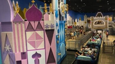 An overhead look at the "it's a small world" loading area at Magic Kingdom Park.