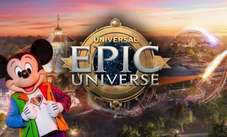 Mickey Mouse by the Universal Epic Universe Logo as The Walt Disney Company finally gives update on the park's competition with Disney World.