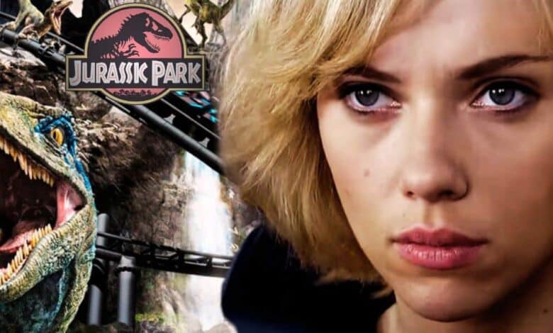 (L to R) VelociCoaster concept art for Universal Studios, Jurassic Park logo, Scarlett Johansson in 'Lucy'