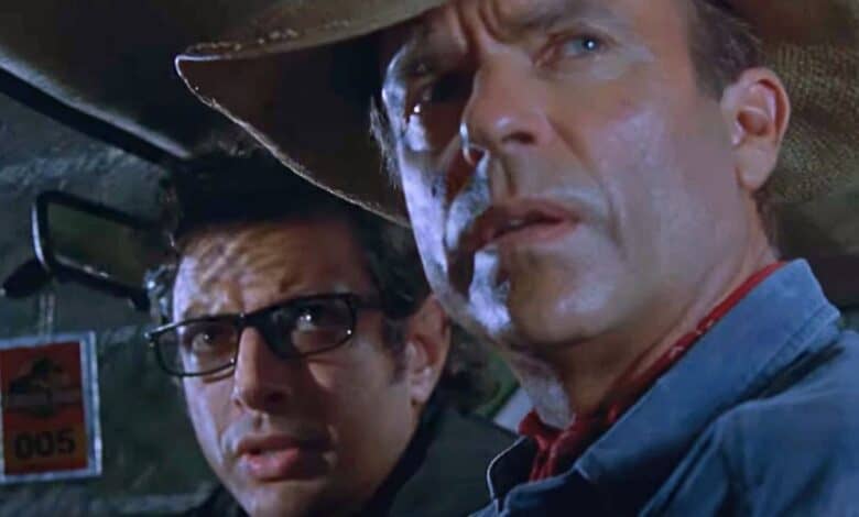 L to R: Jeff Goldblum and Sam Neill in the jeep during the T-Rex breakout in 'Jurassic Park' as a possible universal cruise line could be coming.