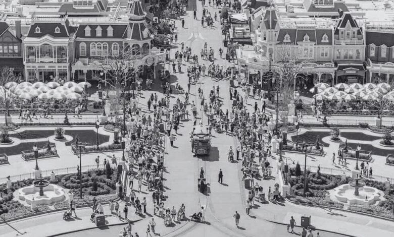 Aerial view of Main Street, U.S.A. in Magic Kingdom Park at Walt Disney World Resort. Edited to be black and white.
