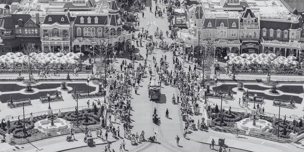 Aerial view of Main Street, U.S.A. in Magic Kingdom Park at Walt Disney World Resort. Edited to be black and white.