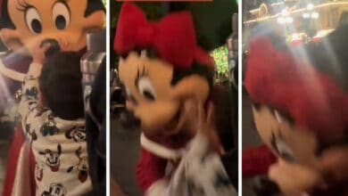 Three stills from a video of a child pulling down Minnie Mouse and making her fall.