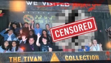 A censored image of guests on Guardians of the Galaxy - Mission: BREAKOUT at Disneyland Resort.