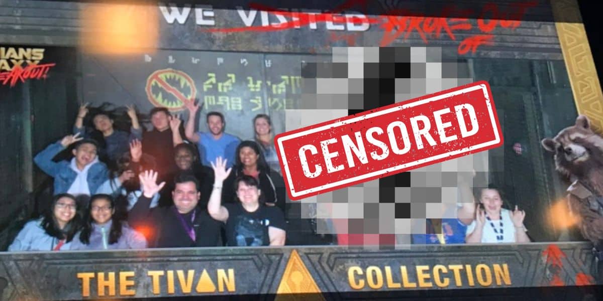 A censored image of guests on Guardians of the Galaxy - Mission: BREAKOUT at Disneyland Resort.