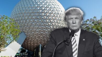 A black & white image of President Donald Trump in front of EPCOT at Walt Disney World Resort.
