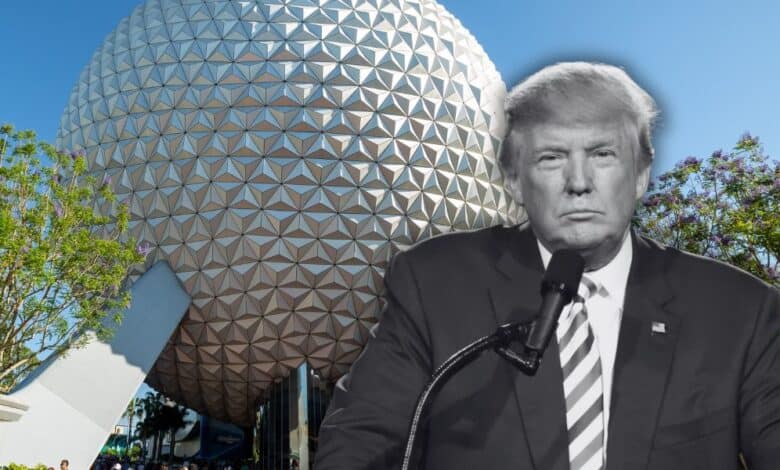 A black & white image of President Donald Trump in front of EPCOT at Walt Disney World Resort.