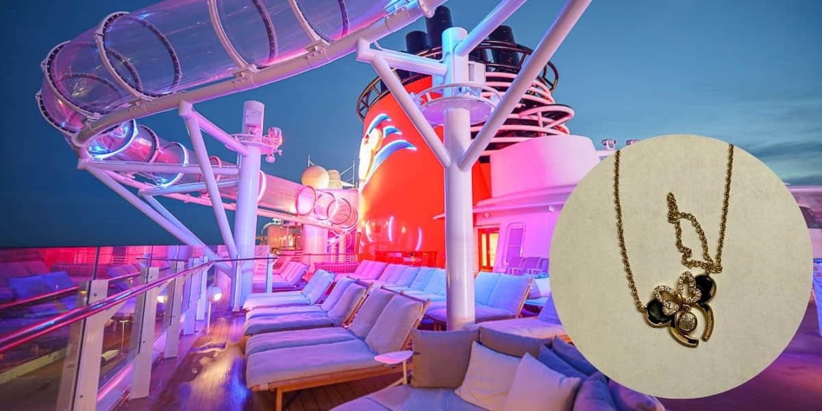 A water slide on the Disney Wish with an insert of a broken Minnie Mouse necklace