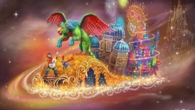 Miguel, Dante, and Pepita float in the Disney Starlight Dream the Night Away Parade
