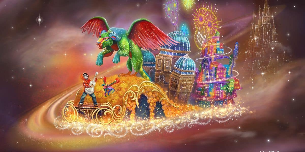 Miguel, Dante, and Pepita float in the Disney Starlight Dream the Night Away Parade