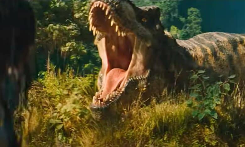 Luna Blaise and a T-Rex at the river in 'Jurassic World Rebirth'