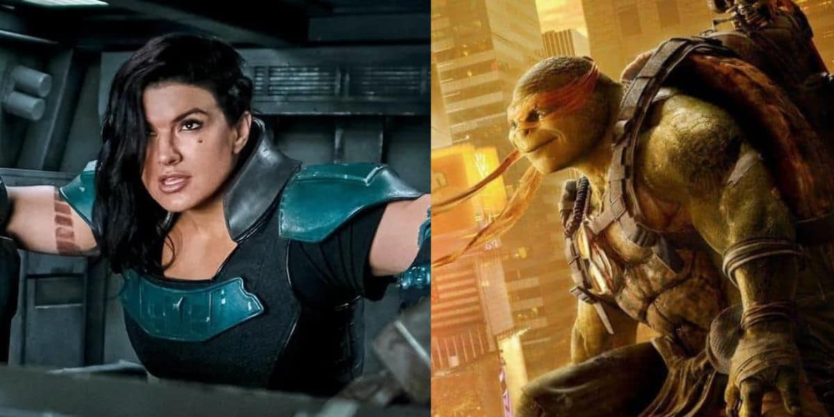 L to R: Gina Carano in 'The Mandalorian' / Michelangelo in 'Teenage Mutant Ninja Turtles: Out of the Shadows'