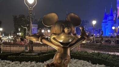 A golden Mickey Mouse statue in the rainy, cold weather at Magic Kingdom Park at Walt Disney World Resort.