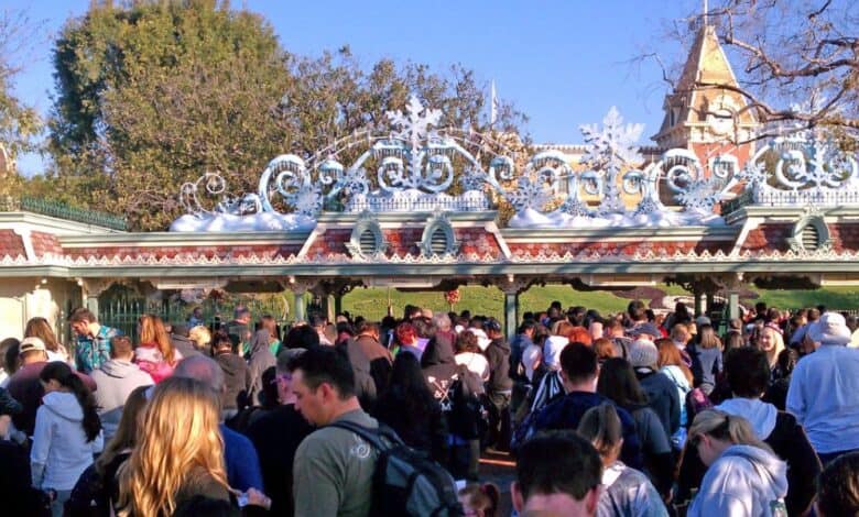 Crowds waiting to enter Disneyland Park numerous Disney rides breakdown all before 2pm on July 3, 2025.