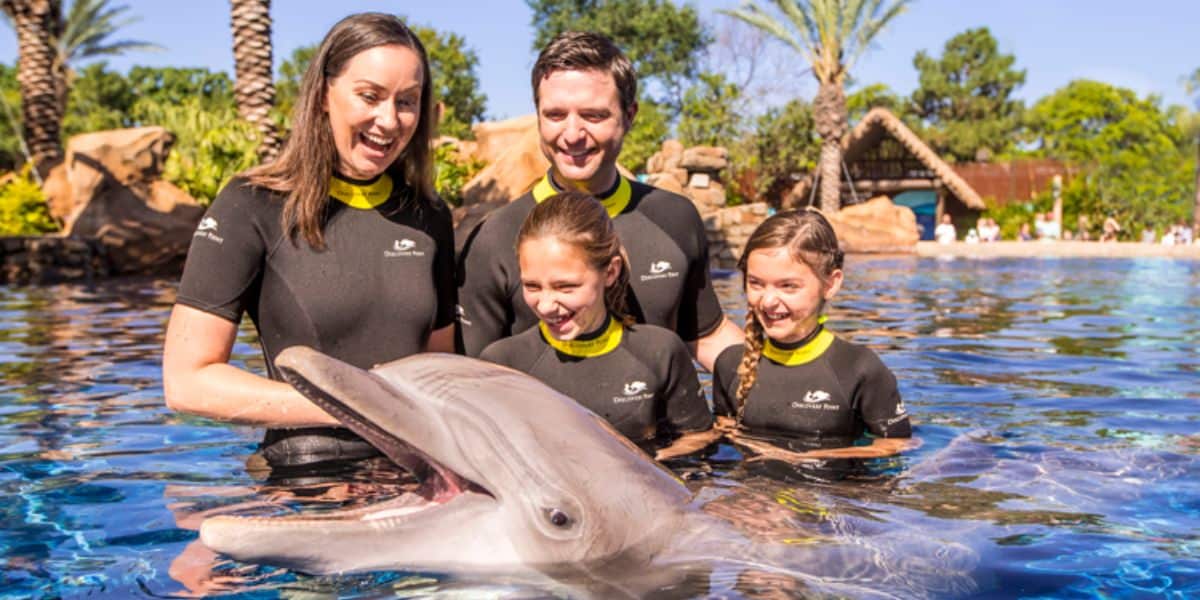 A family of four with a dolphin at SeaWorld San Antonio