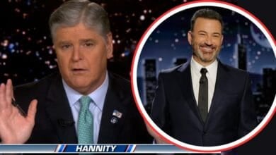 A TV frame shows a man in a suit speaking, labeled "Hannity" at the bottom. Overlaid is a circular image of another man in a suit, smiling, against a nighttime cityscape background.